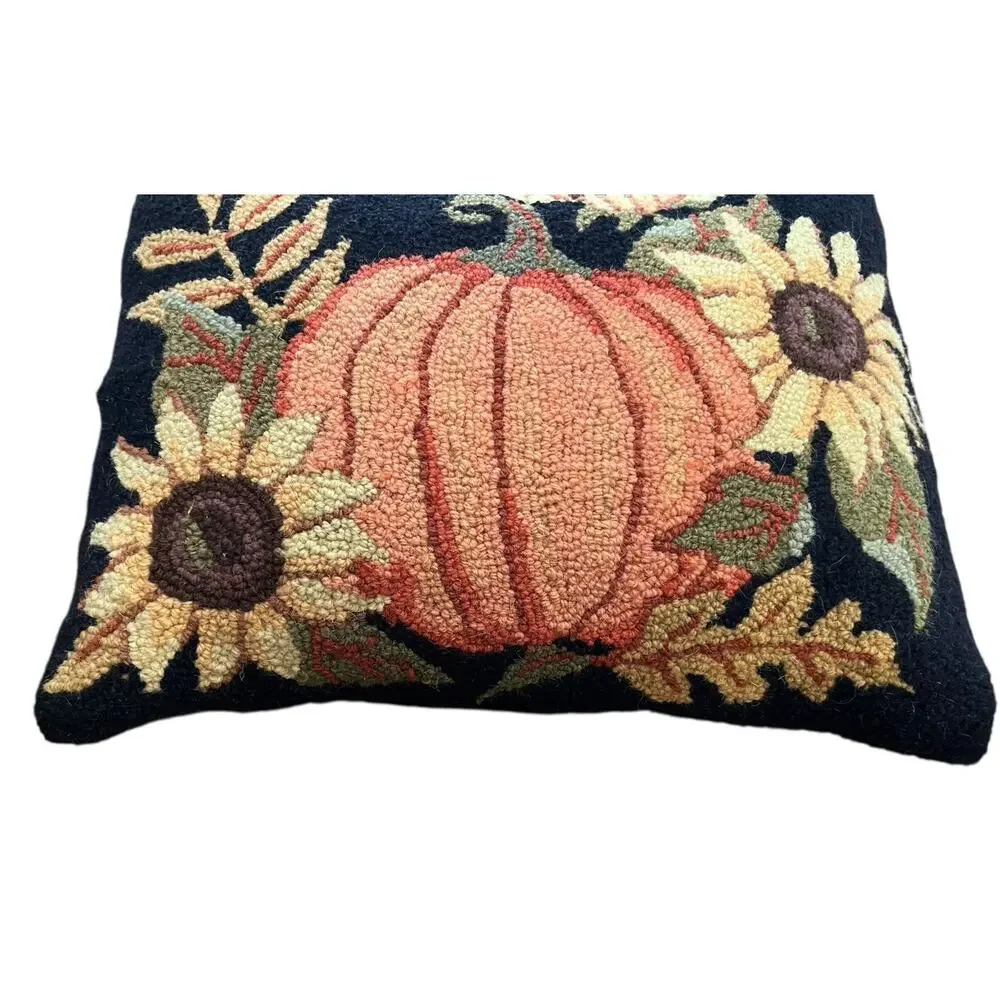 Pillow Pumpkin Hooked Wool 16x20”Black Background Harvest Sunflower Fall